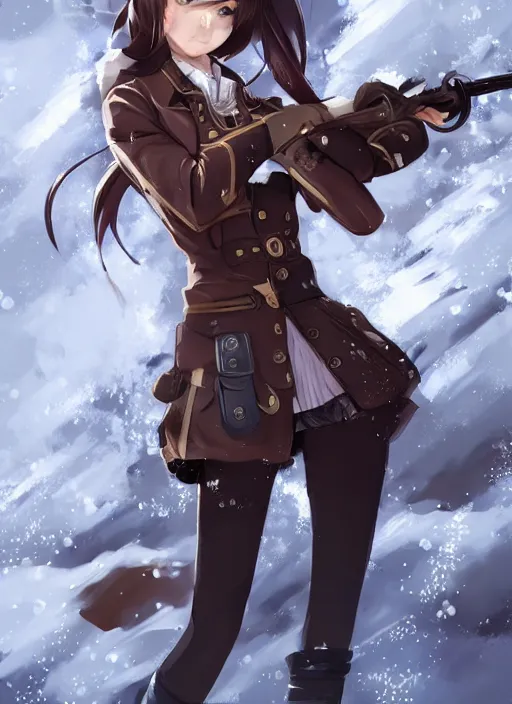 Image similar to girl with steampunk weapons and uniform, serious, intense, finely detailed, made by artgerm, full body portrait, illustration, snow, snowing, cloudy, anime, side view, perfect anime face, realistic face, zoomed out, smooth, brown eyes, high waisted shorts, sharp focus, key visual of your name