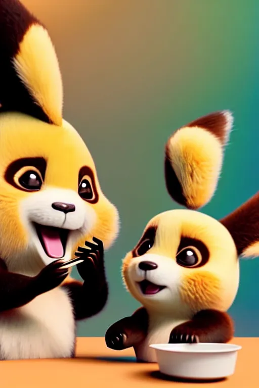 Image similar to high quality 3 d render hyperrealist very cute lowbrow happy panda & fox hybrid eating ice cream, vray smooth, in the style of detective pikachu, very dramatic light, low angle, uhd 8 k, shallow depth or field