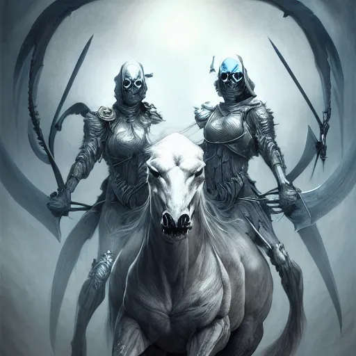 Image similar to concept art by artgerm, death of the four horsemen of the apocalypse, soft grey and blue natural light, intricate, queen of death riding, highly detailed dark art, digital painting, artstation, concept art, smooth, sharp focus, illustration, art by greg rutkowski and luis rollo and uang guangjian and gil elvgren, symmetry!