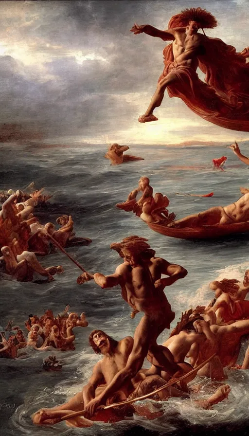 Prompt: man on boat crossing a body of water in hell with creatures in the water, sea of souls, by guillaume seignac