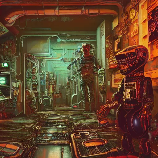 Prompt: highly detailed crowded future apartment complex, punk, grunge, jim henson creature shop, robots humans and extraterrestrials, inside a crowded space station, 1 9 8 0 s science fiction, 1 9 7 0 s science fiction, alien 1 9 7 9, cyberpunk, 3 d oil painting, depth perception, 4 k, artstation