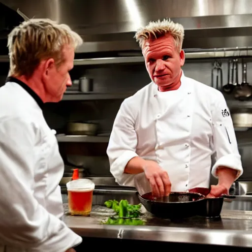 Prompt: gordon ramsay making duck sauce while he's cussing at his sous chef on kitchen nightmares