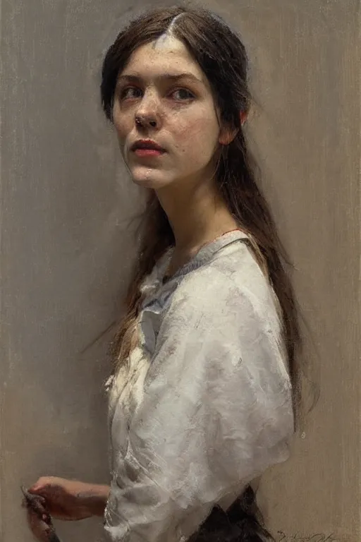 Image similar to Richard Schmid and Jeremy Lipking and Antonio Rotta full length portrait painting of a young beautiful traditonal viking woman