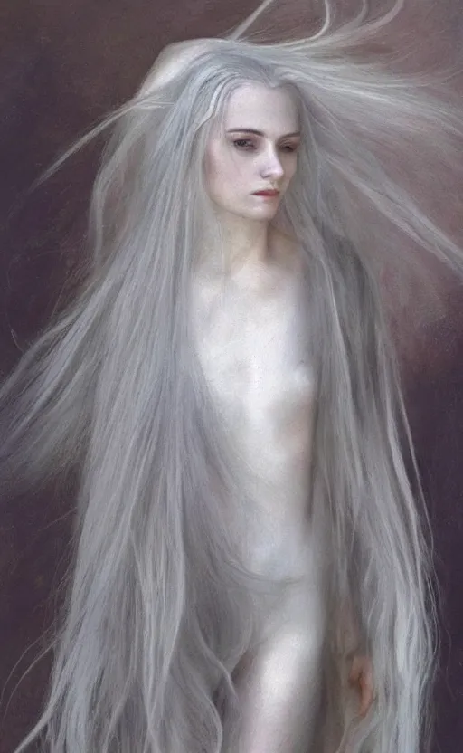 Image similar to say who is this with silver hair so pale and wan! and thin!? female angel, wearing long silver hair flowing hair, pale fair skin, you g face, silver hair, covered!!, clothed!! lucien levy - dhurmer, fernand keller, oil on canvas, 1 8 9 6, 4 k resolution, aesthetic!, mystery