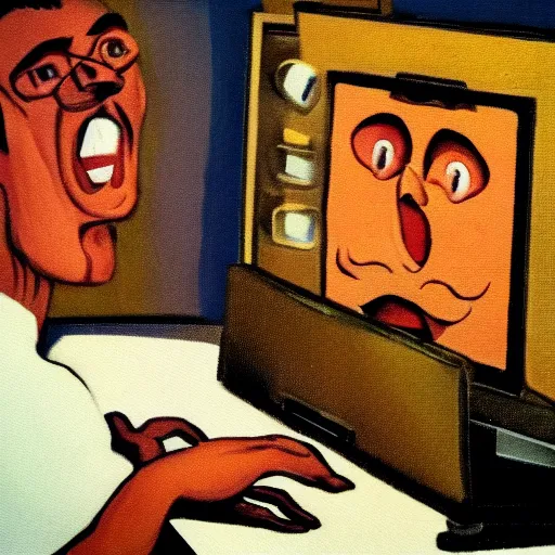 Image similar to an angry man screams at his computer monitor, oil on canvas, 1 9 6 7, highly detailed