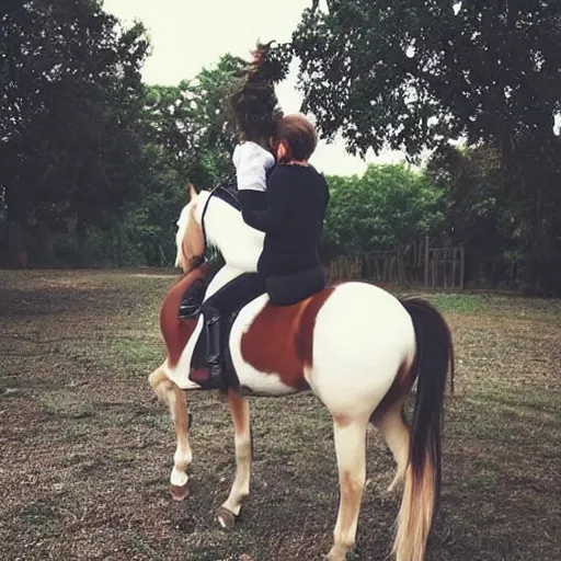 Image similar to A pretty girl riding a pony with her cat