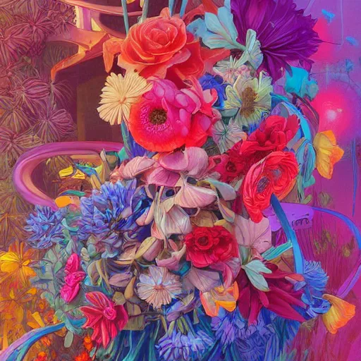 Image similar to a bouquet of colorful flowers, flowers with very long petals,afternoon sunlight, hard light and long shadows, neon glowing, vivid, detailed painting, by James Jean and Ross Tran, masterpiece, award winning painting