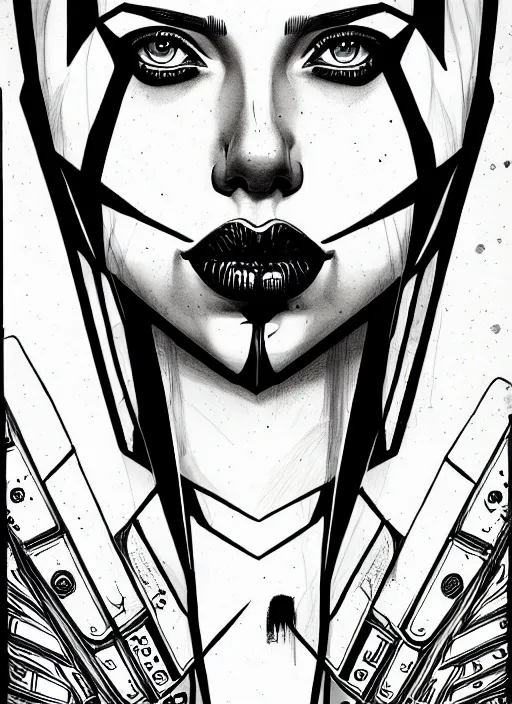 Image similar to symmetry concpet art, full shot, traditional ink, sketch, of scarlet johansson as harley quinn, line sketch, intricate, elegant, highly detailed, monochrome, digital painting, artstation, concept art, sharp focus, illustration, art by borderlands 3 and peter polach