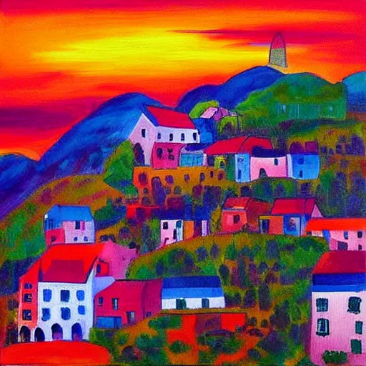 Image similar to colorful painting of a village witnessing sunset