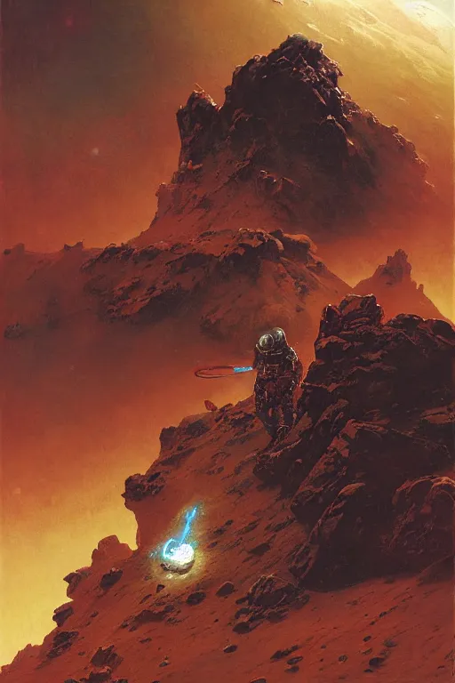 Image similar to a mission to a vulcano on mars, painted by ruan jia, raymond swanland, lawrence alma tadema, zdzislaw beksinski, norman rockwell, jack kirby, tom lovell, alex malveda, greg staples