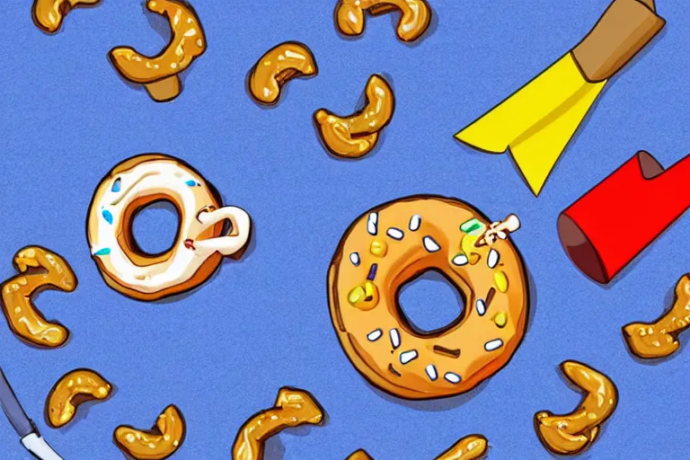 Image similar to a cartoon donut fighting a cartoon pretzel with swords. fight scene, dramatic