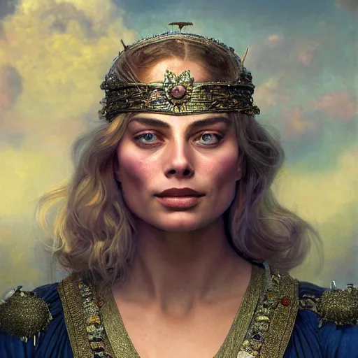 Image similar to a very detailed Magic portrait painting of Margot Robbie, a very detailed fantasy city background, a very detailed dramatic sky, light particles, environment drawn by Donato Giancola and Tom Bagshaw, Edmund Leighton, character design by Alphonse Mucha, 4k, volumetric lighting, komorebi, award winning, octane render, hyperrealistic