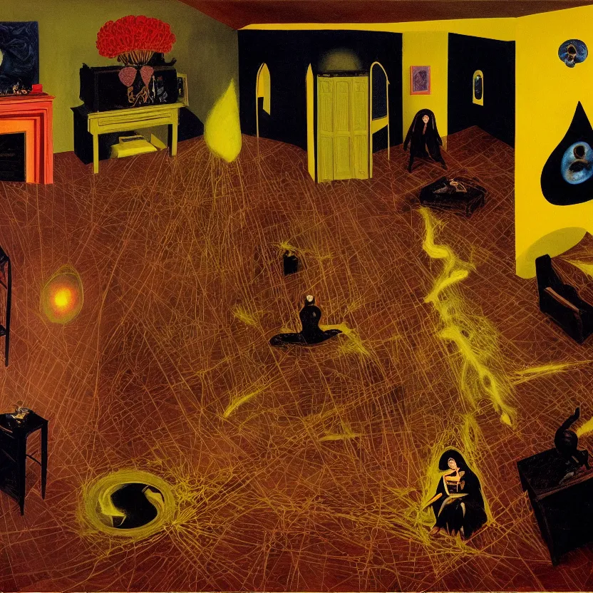 Prompt: One man and one woman attached by love in a living room of a house, floating dark energy surrounds the middle of the room. There is one living room plant to the side of the room, surrounded by a background of dark cyber mystic alchemical transmutation heavenless realm, by Remedios Varo and Anato Finnstark and Greg Rutkowski and Andy Warhol, dayglo pink, dayglo blue, prismatic, pearlescent white, raven black, hyperrealism, 8k, trending on ArtStation, rendered in Octane, rendered in Unreal engine, award winning, volumetric lighting