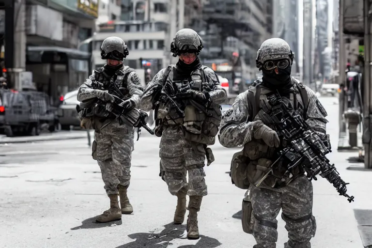 Image similar to Mercenary Special Forces soldiers in grey uniforms with black armored vest and helmets in urban warfare in New York 2022, Canon EOS R3, f/1.4, ISO 200, 1/160s, 8K, RAW, unedited, symmetrical balance, in-frame, combat photography