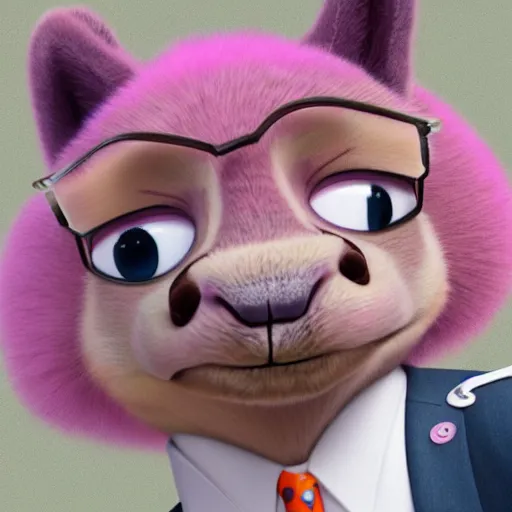 Image similar to logo of a pink alpaca in a suit in the style of zootopia, pixar, digital art, trending on artstation, award - winning