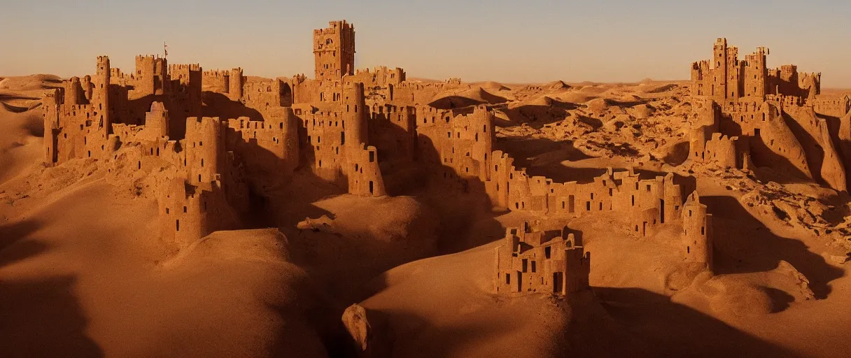 Prompt: an epic castle city standing in Sahara Desert in winter, warm lighting, by Michelangelo