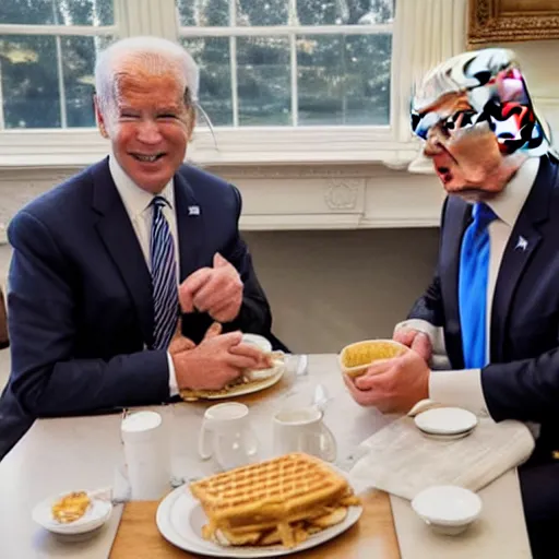 Image similar to photograph of trump and Biden sitting and eating breakfast at a Wafflehouse