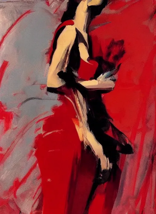 Image similar to fashion model in red dress, painting by phil hale, fransico goya,'action lines '!!!, graphic style, visible brushstrokes, motion blur, blurry, visible paint texture, crisp hd image