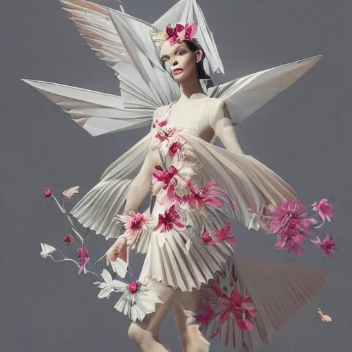 Image similar to 3 / 4 view of a beautiful girl wearing an origami dress, eye - level medium shot, fine floral ornaments in cloth and hair, hummingbirds, elegant, by eiko ishioka, givenchy, by ruan jia, by peter mohrbacher, centered, fresh colors, origami, fashion, detailed illustration, vogue, japanese, reallusion character creator