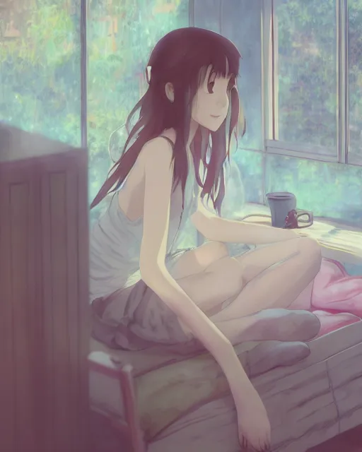 Image similar to a full shot of a teenage girl chilling in her dorm, moe, kawaii, pretty, lovely, detailed face, digital art by makoto shinkai and claude monet