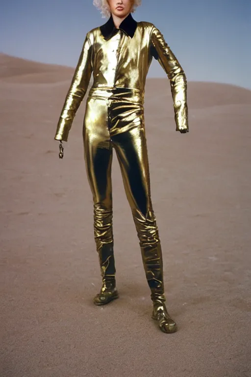 Prompt: portrait davis taylor brown dressed in 1 9 8 1 space fantasy fashion, new wave, shiny metal, standing in a desert