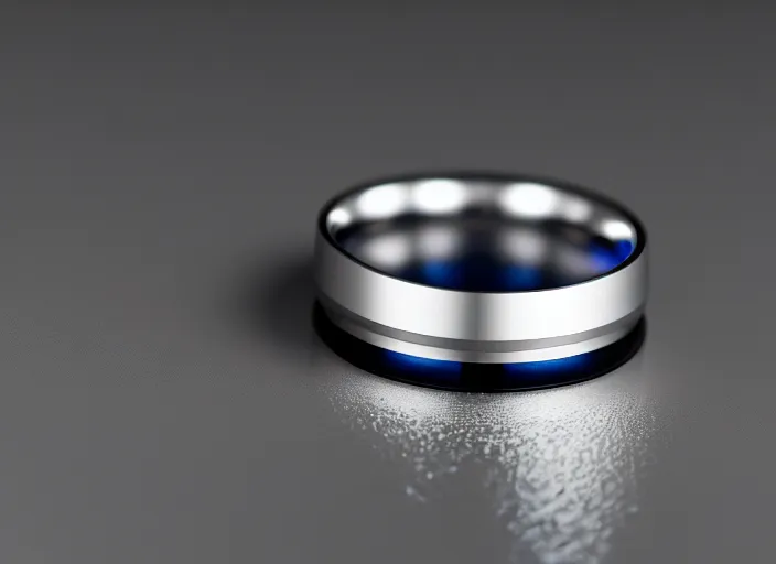 Image similar to futuristic!! wedding ring, sapphire, ( design by porsche!!!!! ), xf iq 4, 1 5 0 mp, 5 0 mm, f / 1. 4, iso 2 0 0, 1 / 1 6 0 s, natural light, octane render, macro shot, symmetrical balance, polarizing filter, sense of depth, ai enhanced