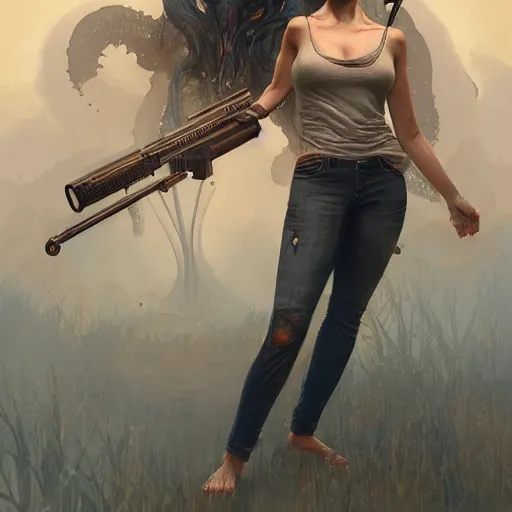 Image similar to Full body portrait of a beautiful young woman wearing a tank top and jeans shooting a Lovecraftian monster with a shotgun, horror, digital painting, detailed, artstation, Greg Rutkowski, Artgerm, Alphonse Mucha