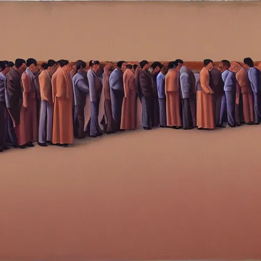 Image similar to a painting of a group of people standing in a line, a surrealist painting by george tooker, reddit, cynical realism, dystopian art, surrealist, academic art