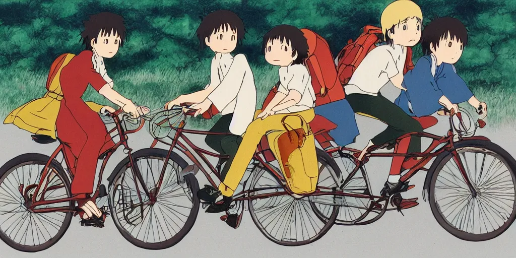 Prompt: three people share a bike, front and rear seats, lovely, by hayao miyazaki