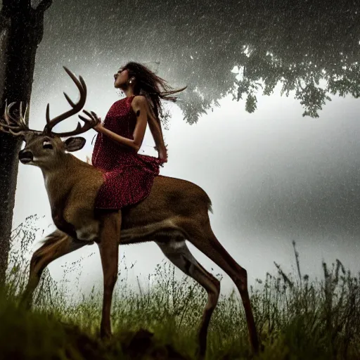 Image similar to 4 k hdr wide angle detailed portrait of a beautiful instagram model woman riding on top of a wild buck deer in a rain shower during a storm with thunder clouds overhead and moody stormy lighting sony a 7