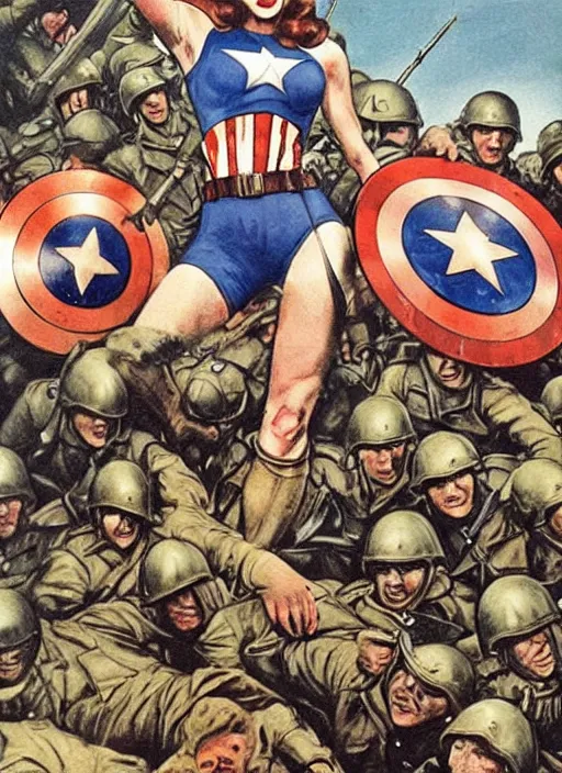Prompt: female captain america standing on a pile of defeated german soldiers. female captain america wins wwii. american wwii propaganda poster by james gurney