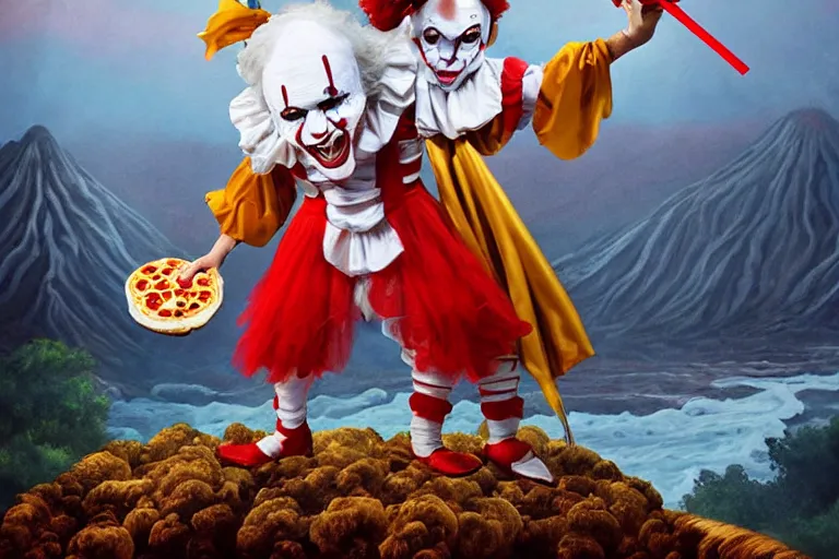 Image similar to pennywise as pulcinella!!! holding a pizza!!, volcano in the background, glowing rivers of lava, dark cloudy sky, an ultrafine detailed painting by joe fenton, full body, wide angle, post - apocalyptic vibe, pop surrealism, sharp focus, 3 d octane render, 4 k, perfect symmetrical face, masterpiece, hyperrealistic, trending on deviantart