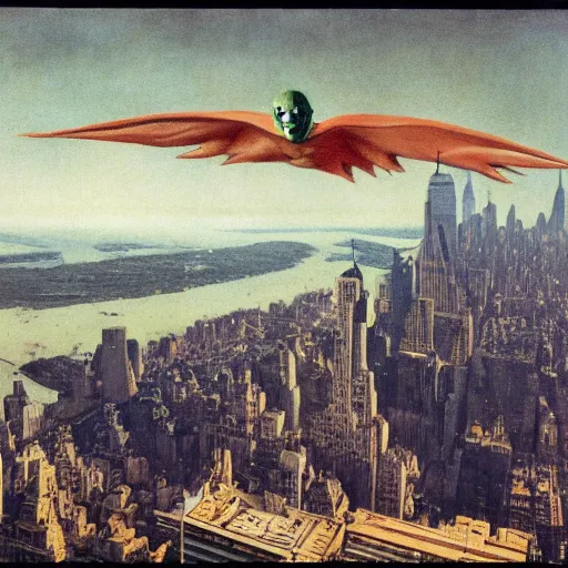 Prompt: ripped physique ultimate space villain super gollum flies above new york city with his bad breath lotr themes konstantin vasilyev grant wood jan van eyck john steuart curry