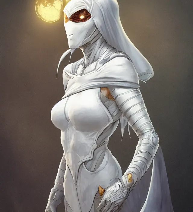 Image similar to female moon knight, hyper detailed, digital art, trending in artstation, cinematic lighting, studio quality, smooth render, unreal engine 5 rendered, octane rendered, art style by klimt and nixeu and ian sprigger and wlop and krenz cushart