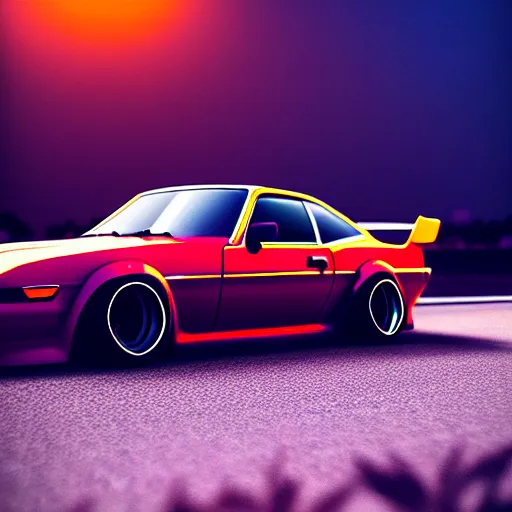 Image similar to a car S30 turbo drift at illegal car meet, Tochigi prefecture, sunset night mist lights, cinematic color, photorealistic, highly detailed wheels, highly detailed