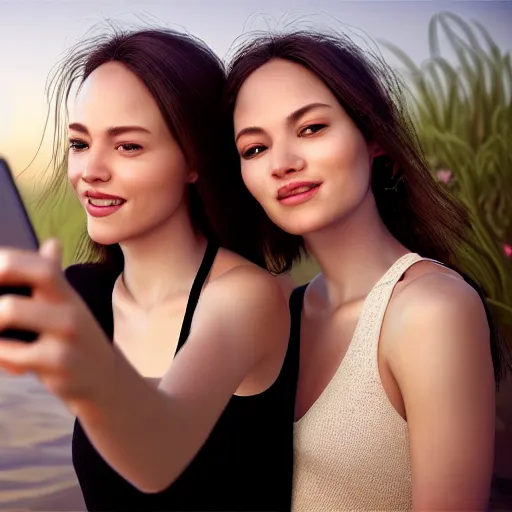 Image similar to beautiful serene intricate portrait of identical twin women, taking a selfie, smiling softly, relaxing on the beach, wearing casual clothes golden hour, soft focus, 8 k, art by irakli nadar, hyperrealism, hyperdetailed, ultra realistic