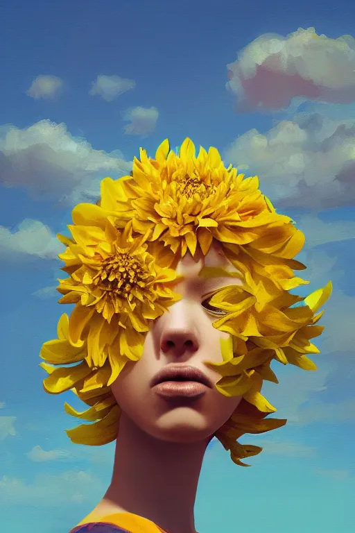 Prompt: closeup girl with huge yellow dahlia flower face, beach, surreal photography, blue sky, sunrise, dramatic light, impressionist painting, digital painting, artstation, simon stalenhag