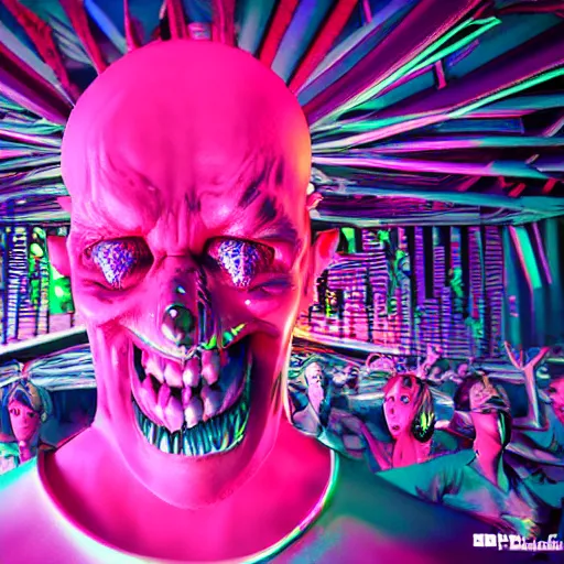 Prompt: 3 d render of a psychopath at a rave, digital art, bizarre, insane, hyper detailed, synthwave