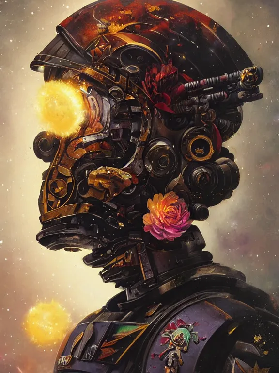 Image similar to art portrait of space marine with flower exploding out of head,by tristan eaton,Stanley Artgermm,Tom Bagshaw,Greg Rutkowski,Carne Griffiths,trending on DeviantArt,face enhance,chillwave,minimalist,cybernetic, android, blade runner,full of colour,