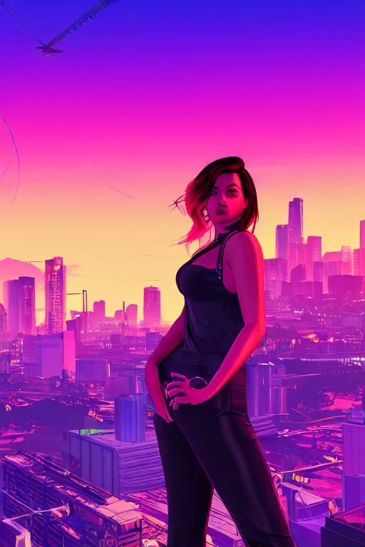 Prompt: a stunning GTA V loading screen with a beautiful woman with ombre hairstyle in purple and pink blowing in the wind in the city at sunset, outrun, vaporware, neon lights, sky scrapers, retro, beautiful sky with cumulus couds, digital art, trending on artstation