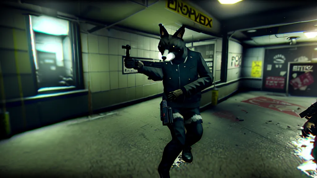 Image similar to screenshot from the pc game payday 2 demonstrating the fursuit unlock - hoxton? more like foxton.