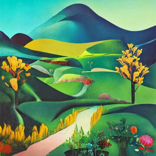 Image similar to mountain landscape in spring, flowers, teal landscape, dreamy light, sunny complementary palette, by and jacek yerga and tamara de lempicka and jesse king, pop surrealist, wiccan