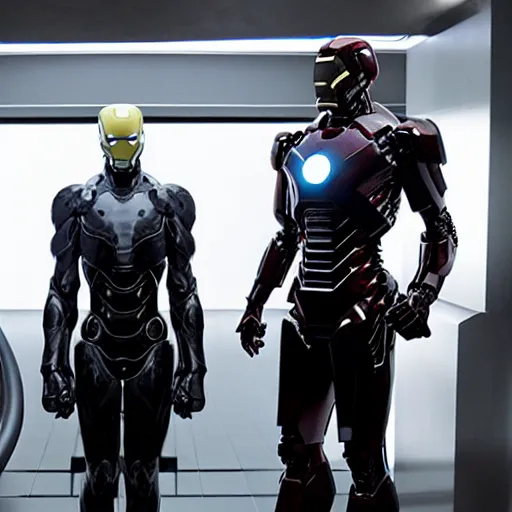 Image similar to prometheus movie still frame, onyx and alabaster mcu ironman by giger, cyclop android - one eyed cyborg by giger