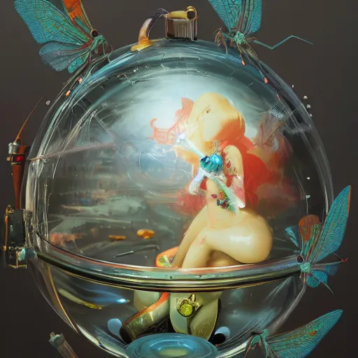 Image similar to surreal gouache painting, by yoshitaka amano, by ruan jia, by Conrad roset, by good smile company, detailed anime 3d render of transparent resin egg with a magical dragonfly inside. Surrounded by a big DJ Mixer, deck, portrait, cgsociety, artstation, rococo mechanical and Digital and electronic, dieselpunk atmosphere