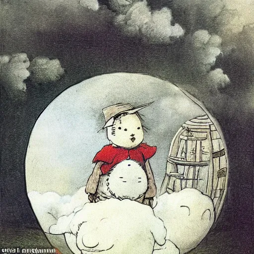 Image similar to candid portrait of floating white ball with face smiling eyes closed, surrounded by clouds, illustrated by peggy fortnum and beatrix potter and sir john tenniel