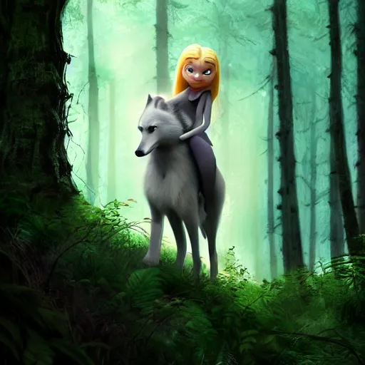 Image similar to medium shot young girl, blond hair green eyes, astride a gray wolf, in a dark forest, mysterious, backlit, perfact face, beautiful still from a pixar dreamworks movie, trending on artstation