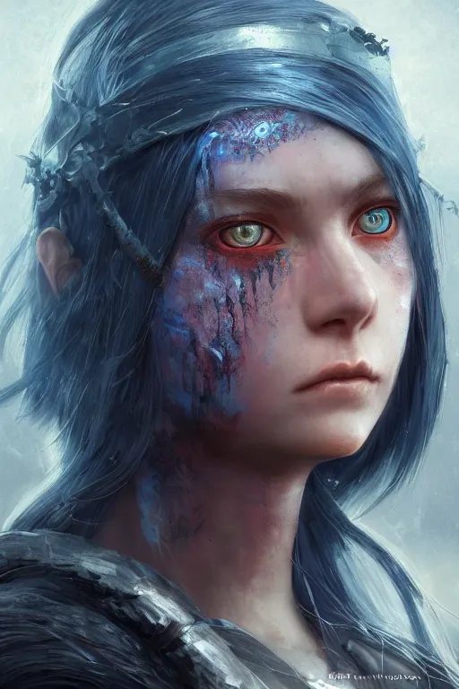 Prompt: vivid portrait of the young girl-warrior with blue eyes by Wlop, in style of Dark Souls 3 and Elden Ring, fantasy matte painting, golden ratio, trending on cgsociety, cinematic, trending on artstation, highly detailed, vibrant