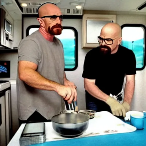 Image similar to Walter White cooking blue meth with Seth Rogan inside an RV