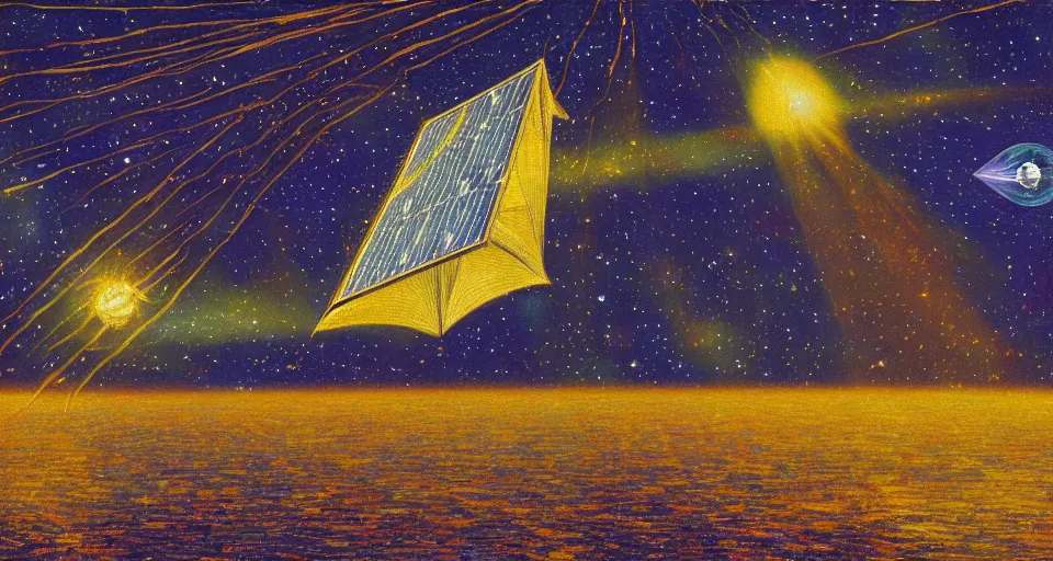 Prompt: solar sail in space blocking the sun, seen from earth, impressionism