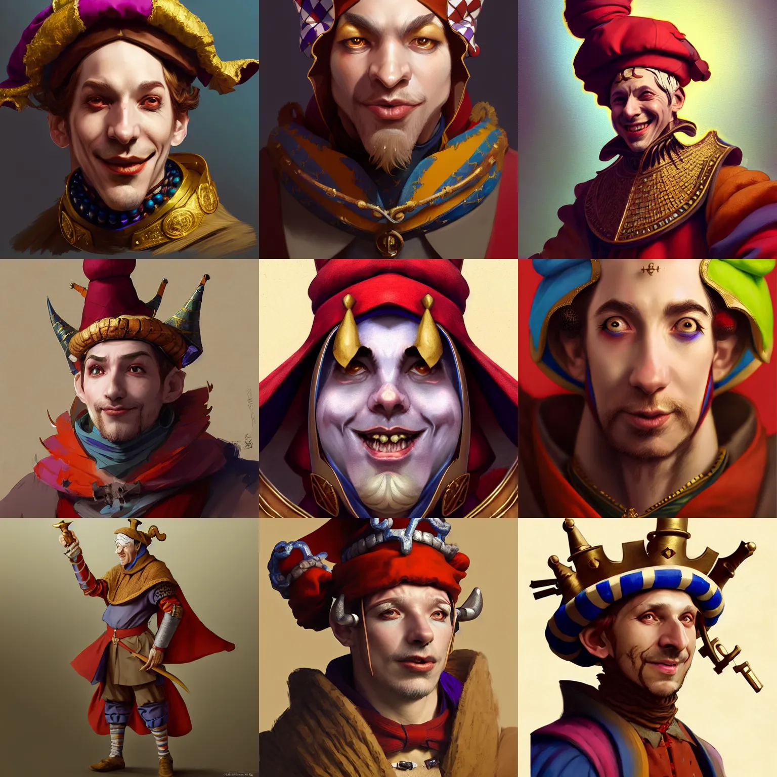 Prompt: character concept art of a medieval court jester | | distinct - fine, key visual, realistic shaded perfect face, fine details by stanley artgerm lau, wlop, rossdraws, james jean, andrei riabovitchev, marc simonetti, sakimichan, and jakub rebelka, trending on artstation